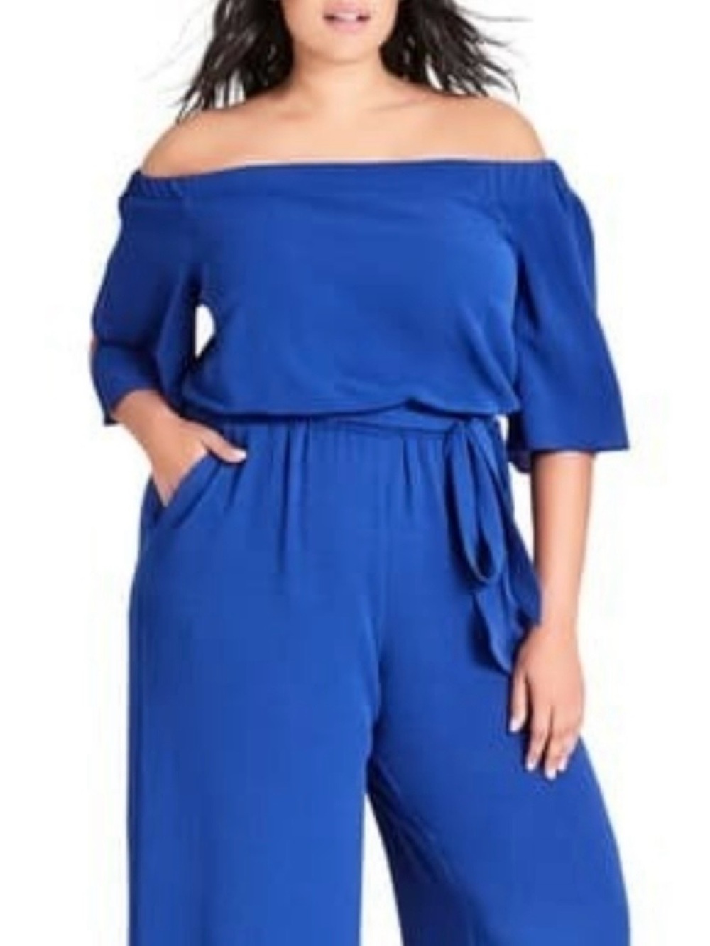 City Chic Cobalt Off-Shoulder Wide-Leg Jumpsuit